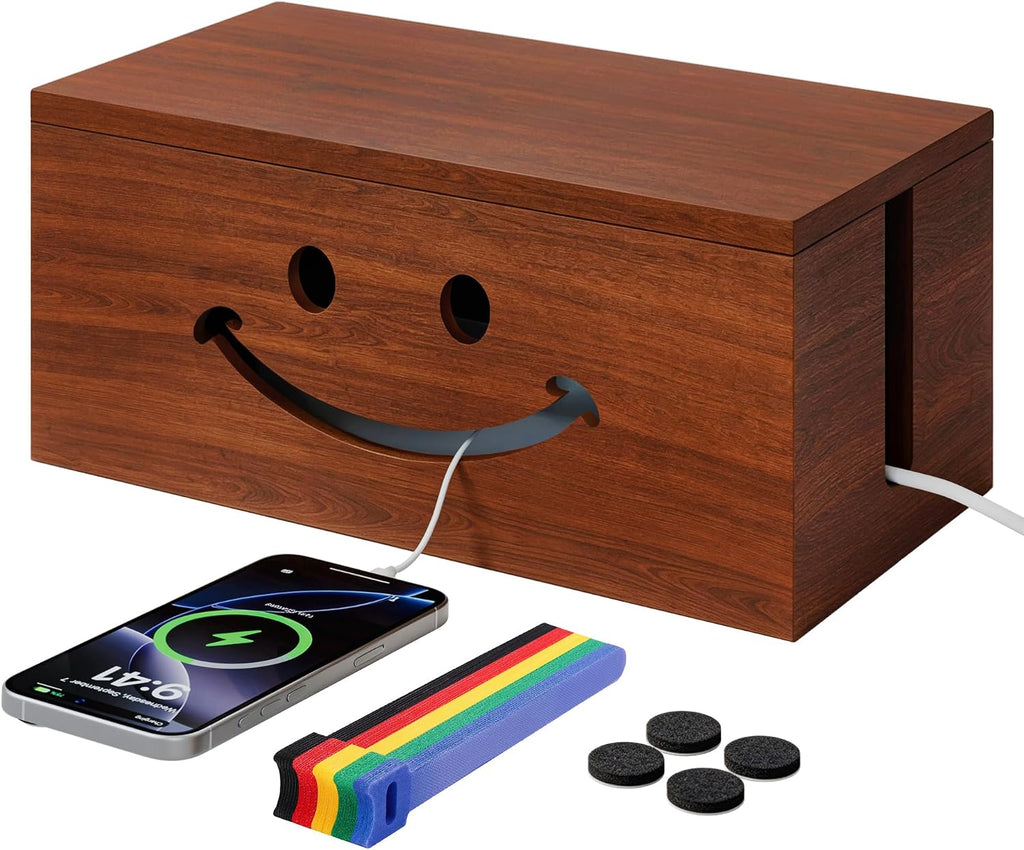 Solid Wood Cable Management Box, Cute Smile Cord Hider Box for Desk
