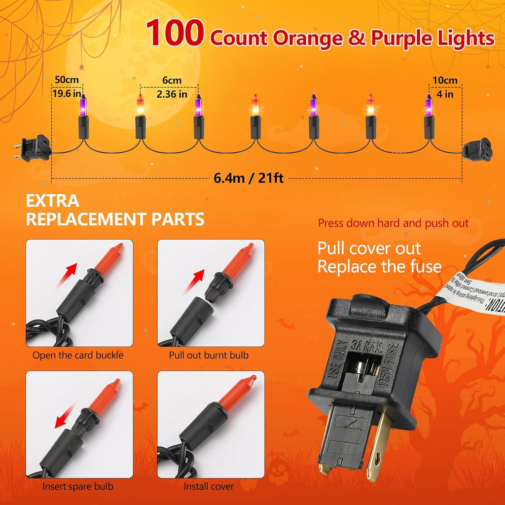 Brillarlights Halloween Purple Orange String Lights Plug in, 21FT 100 Count Mini Incandescent Black Cord, Connectable Spooky Tree Lights for Mantle, Porch, Yard Decor