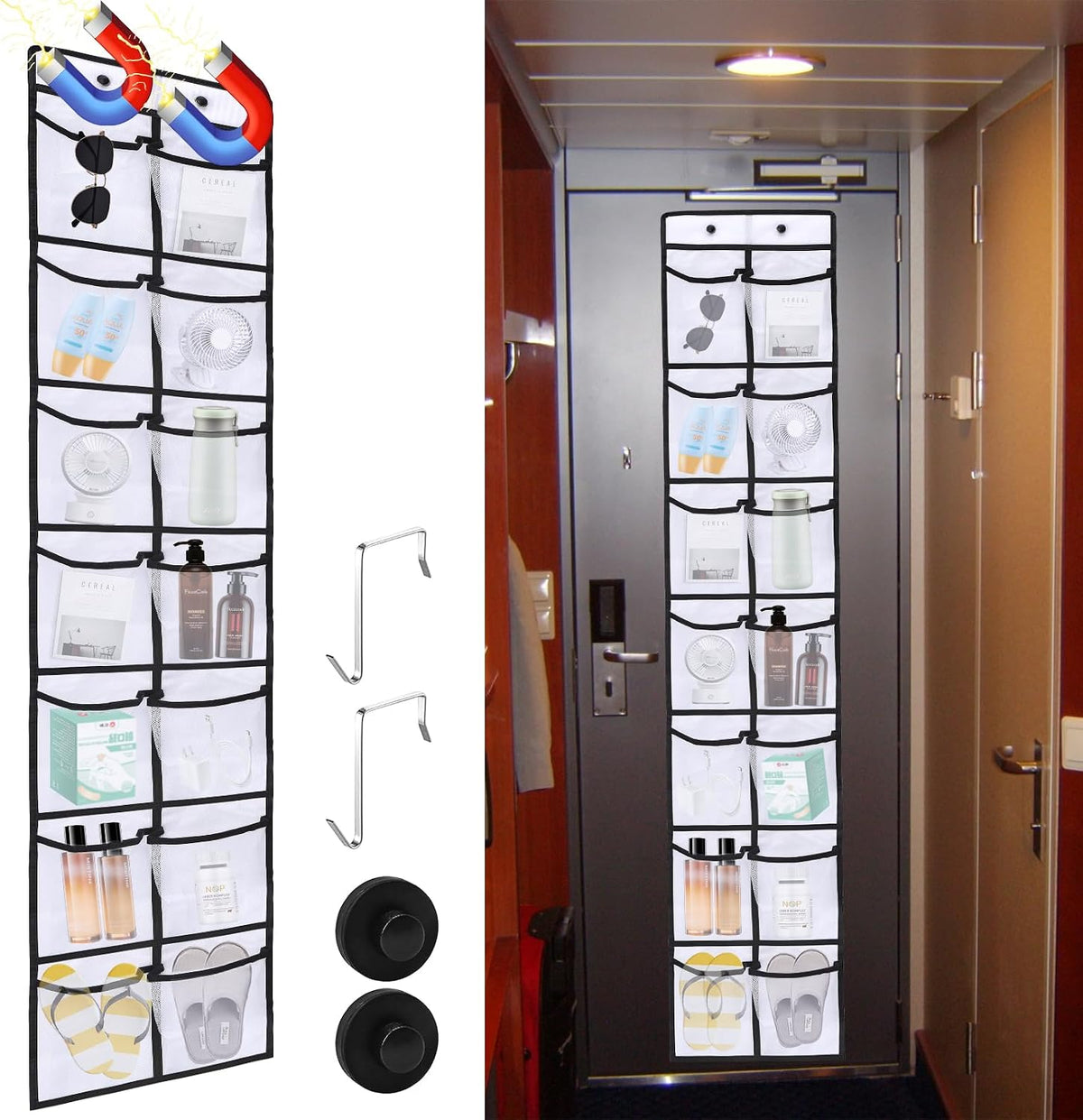 CTTZCKJ Over The Door Organizer For Cruise Ships|Magnetic Door Organizers with 14-Pocket for Cruise Ship|61"x11"|Cruise Over the Door Organizer,Magnetic Shoe Rack for Cruise,Behind-Door Storage