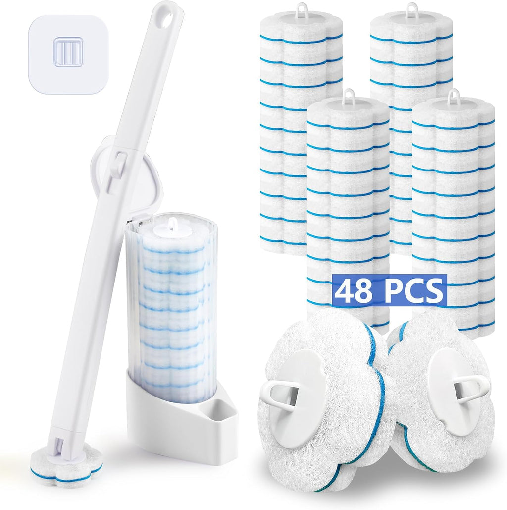 Disposable Toilet Brush and Holder Set with 48 Toilet Cleaner Refills，Toilet Bowl Brush Kit with Refill Pads Disposable Toilet Cleaning System for Toilet Bowl，Bathtub，Bathroom - White