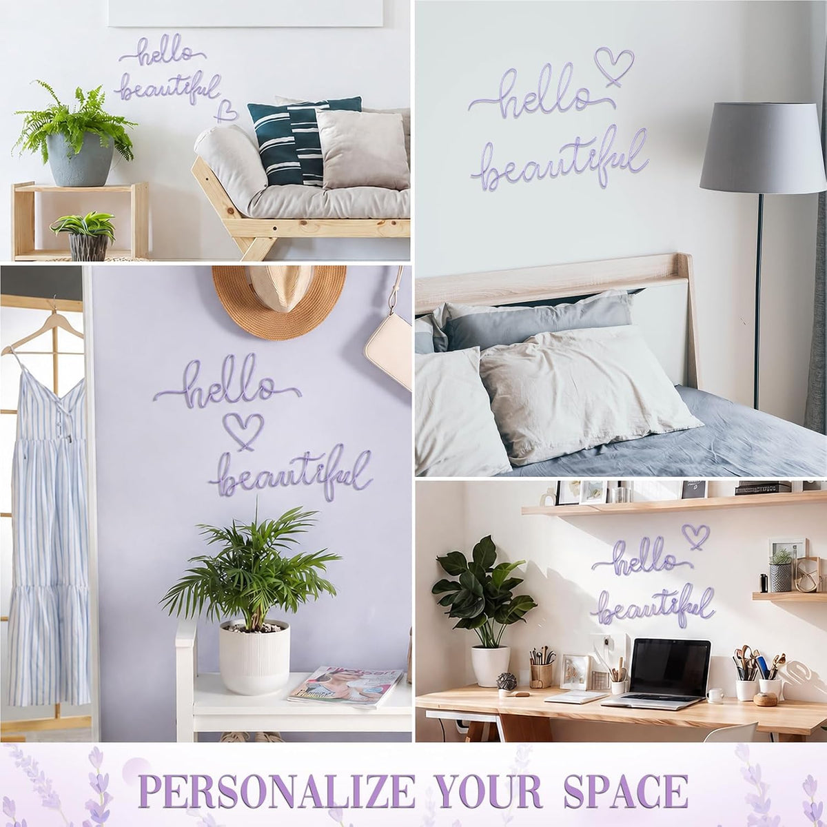 Hicarer Metal Hello Beautiful Wall Art Minimalist Wall Decor, Purple