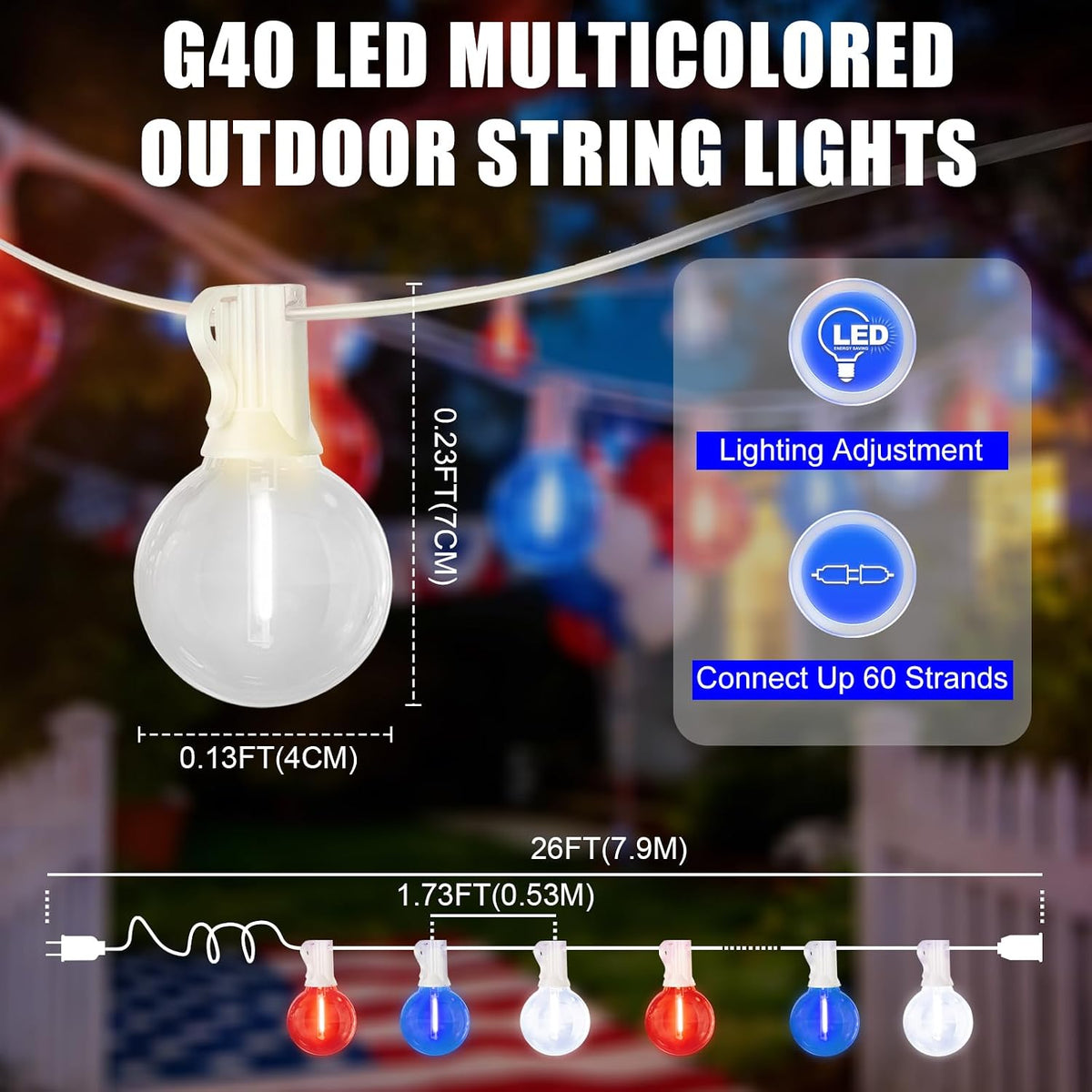 26FT 12 LED G40 Bulb Outdoor String Lights with White Wire, Multi Dynamic Lighting Modes, Decorative for National Day Holiday Garden Decor