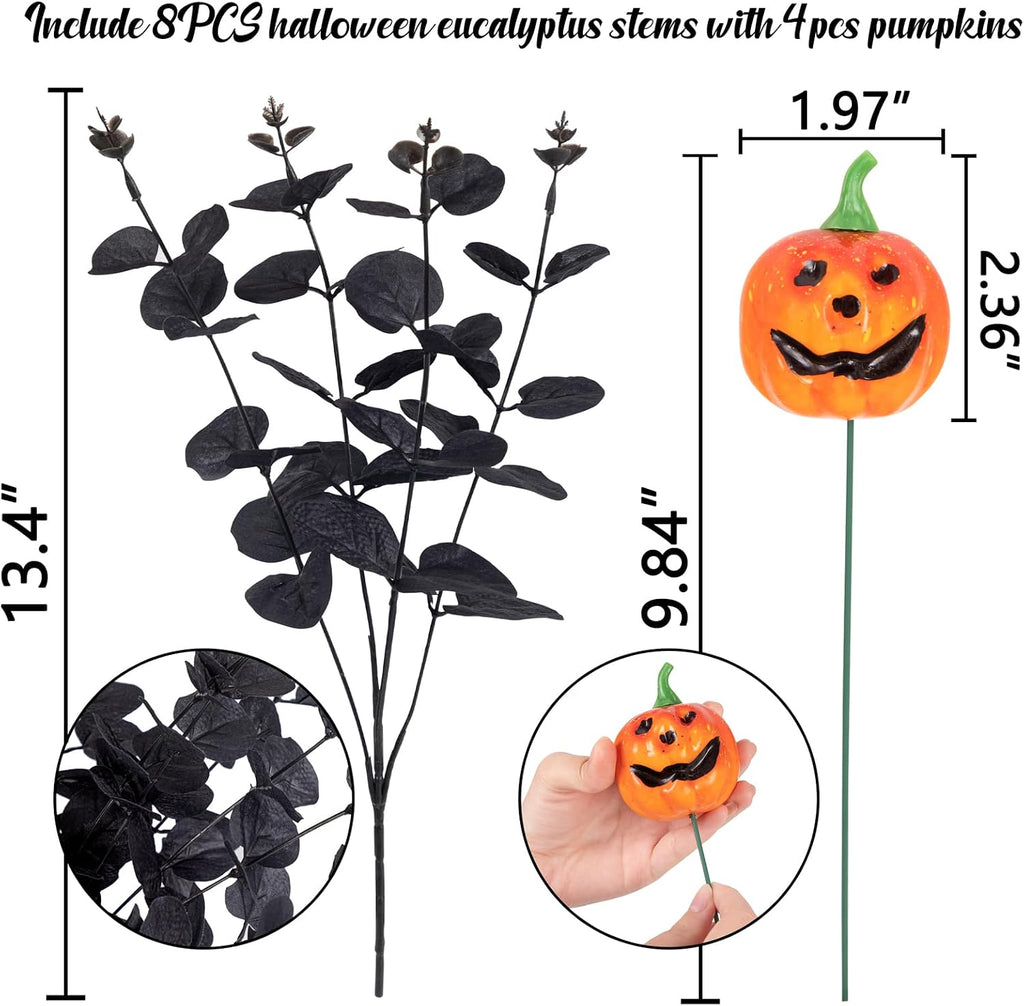 Yen Jean 12PCS Black Halloween Pumpkin Decorations Indoor Artificial Fake Flowers: Eucalyptus Branches Stems Table Centerpieces Decor