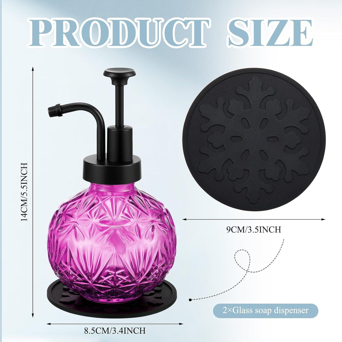 Tioncy Purple 2 Pcs Glass Soap Dispenser 8oz / 240ml with Silicone Coasters