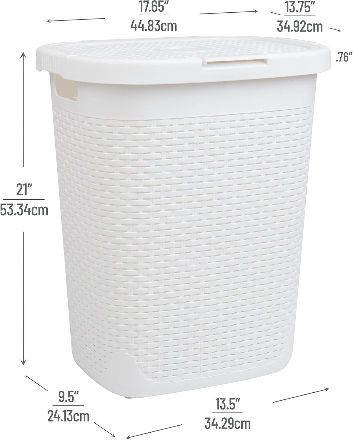 Mind Reader Slim Laundry Hamper with Lid, 50L Clothes Basket, Premium Wicker Design, Plastic, White