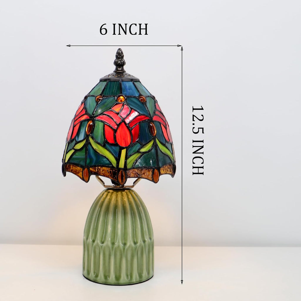 Tiffany Stained Glass Mushroom Table Lamp 12.5 Inch -Blue Red Tulips