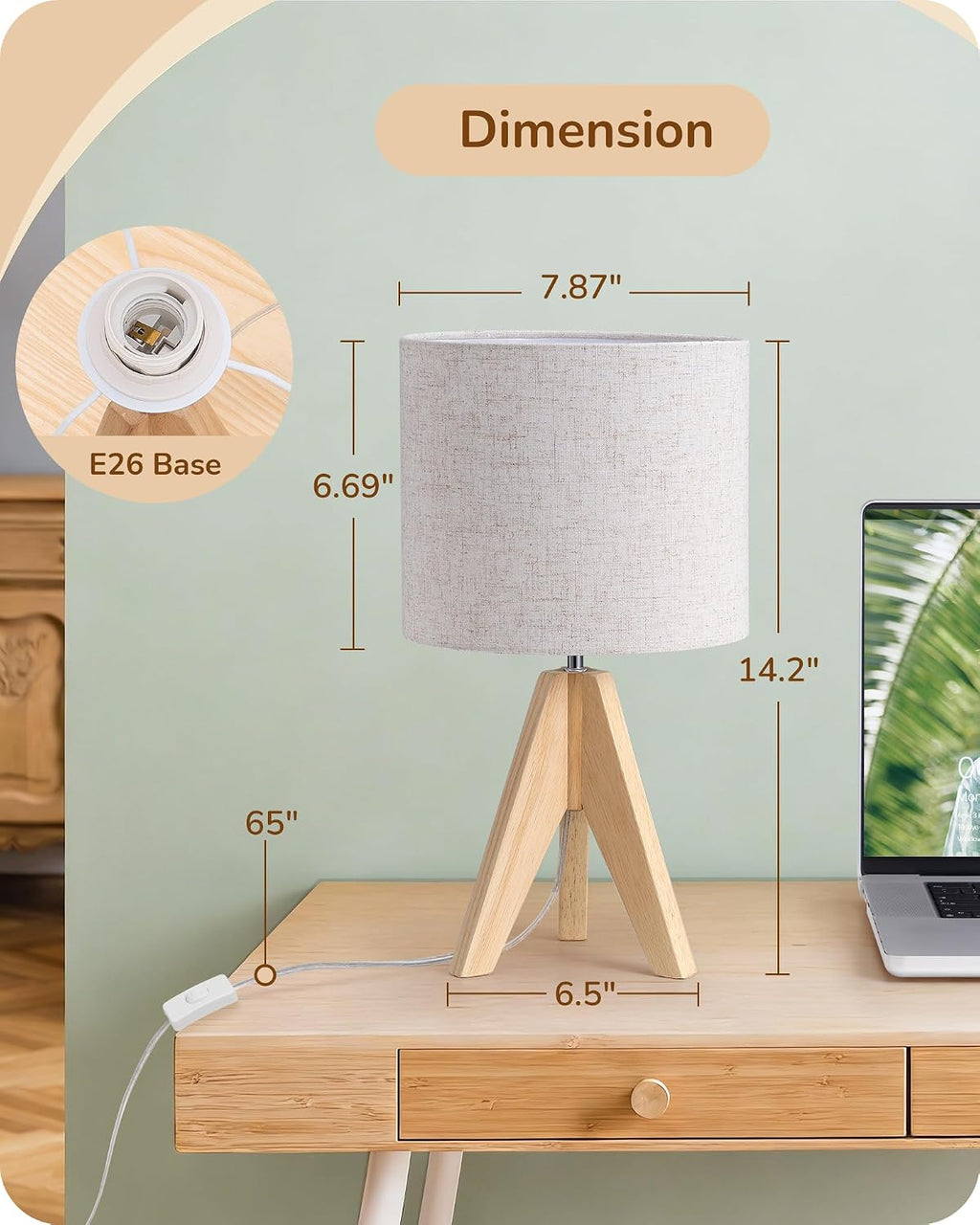 EDISHINE Small Table Lamp, Boho Bedside Lamp, Linen Fabric Shade, 14.2 Inch