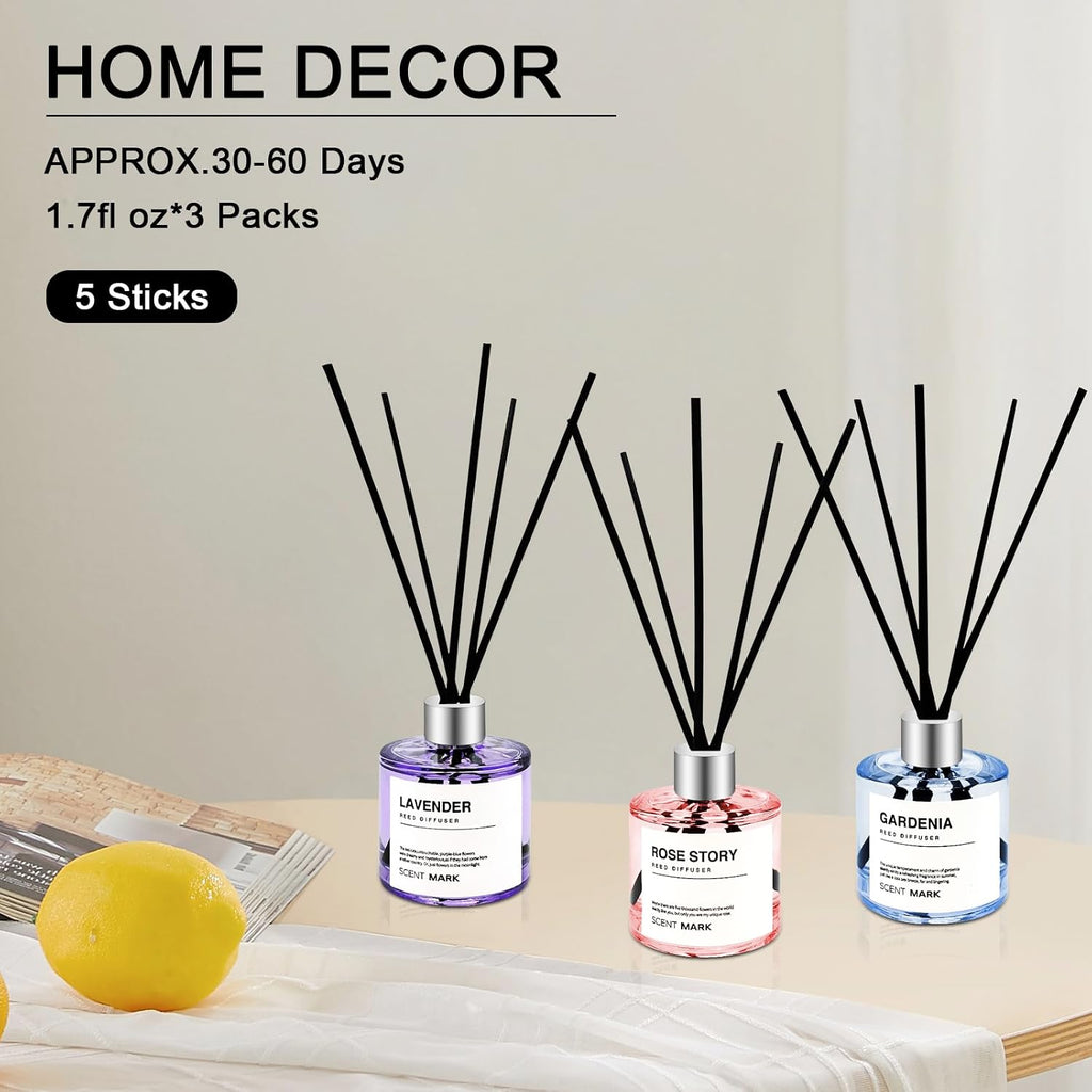 Reed Diffuser Set of 3 Pack,50ML Lavender Rose Gardenia Scented Oil Diffuser with 5 Sticks,Home Fragrance Reed Diffuser for Bedroom Bathroom Office (Lavender/Rose/Gardenia)