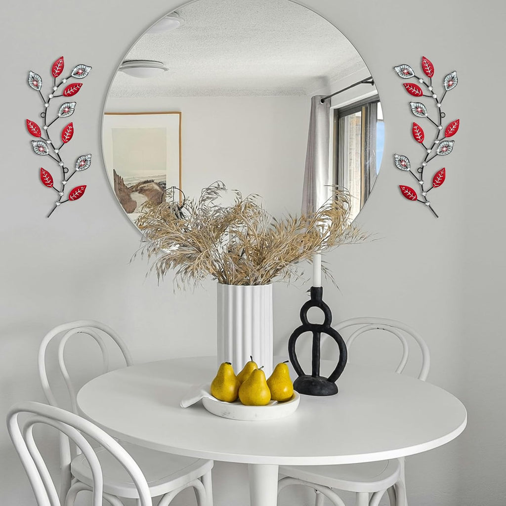 sxnzequnze 2 Set Metal Tree Leaf Wall Art for Home Decor Living Room Bedroom Dining Room Bling Rhinestone, 3D, Iron Branch Hanging Leaf Sculpture Art Pieces -Red 16.5in*6.7in