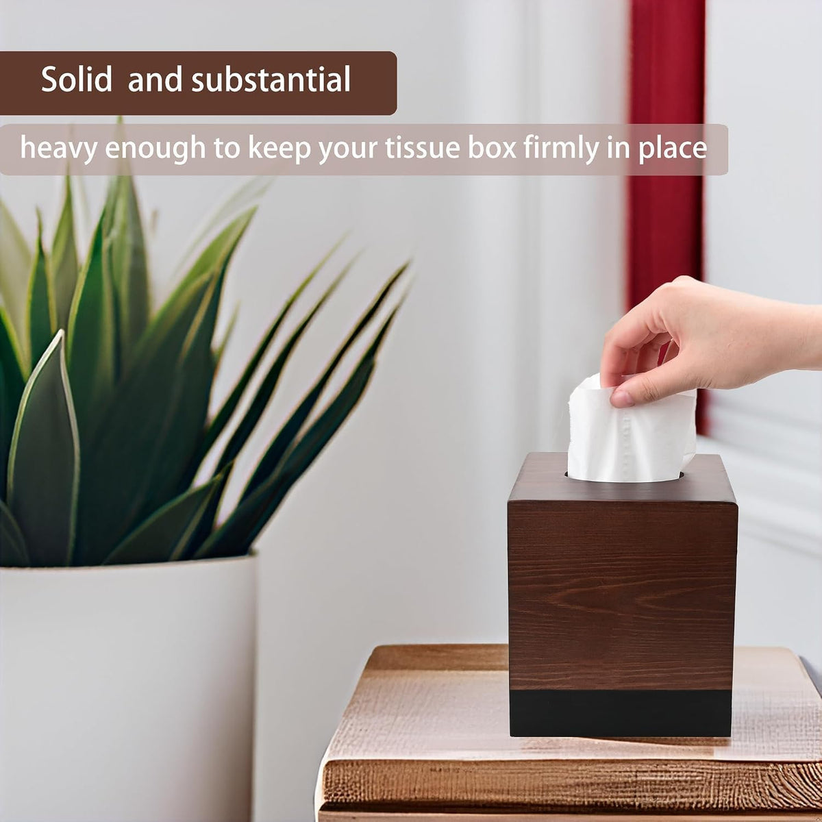 Square Tissue Box Cover, Wooden Tissue Box Holder with Slide-Out Magnetic Bottom, Pine Wood Tissue Box Cube for Bathroom, Bedroom, Nightstand & Table, 5.5 x 5.5 x 6.1 Inches
