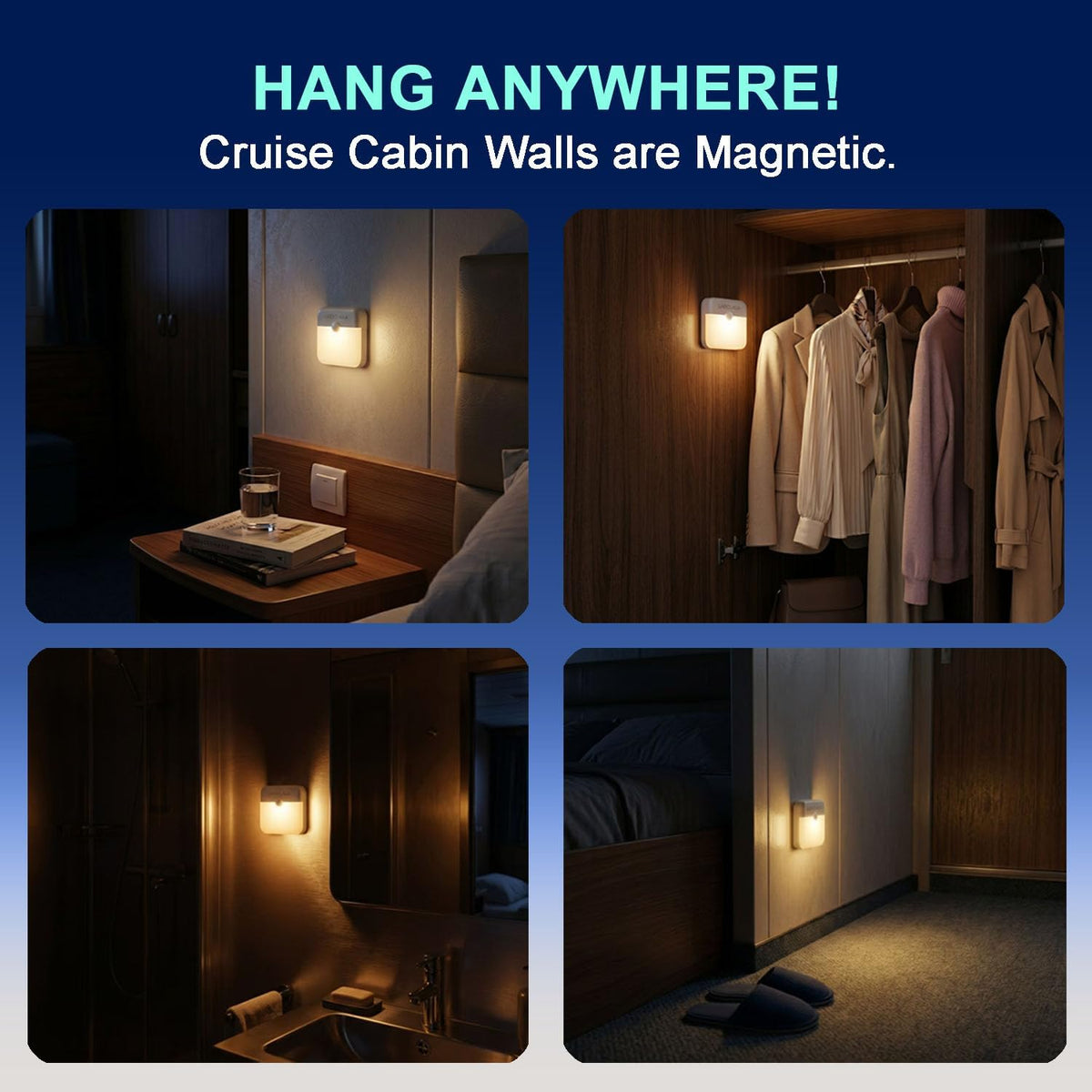 2 Pcs Magetic Night Light Motion Sensor Cruise Ship Approved with USB Cable LED Rechargeable Battery for Indoor Use in Bathroom Hallway Cabin Toilet Bed Stair for Travel Cruise Essentials 2026