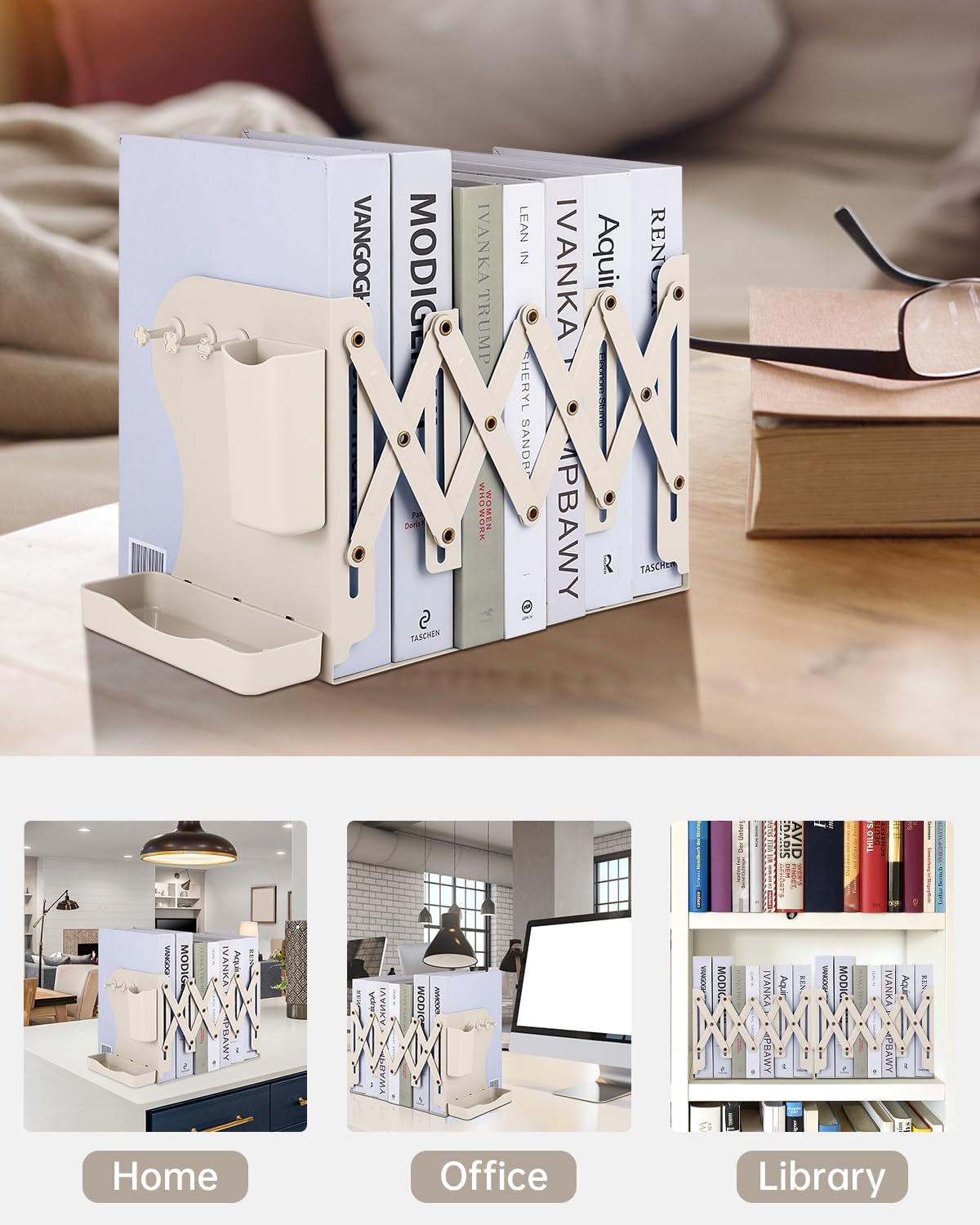 Honagu Adjustable Bookends, Metal Book Ends for Shelves Heavy Book, Bookend for Home, Office, Books, Papers, Book Stopper with Removable Hook, Pen Holder, Gifts for Students, Teachers（Milky White）