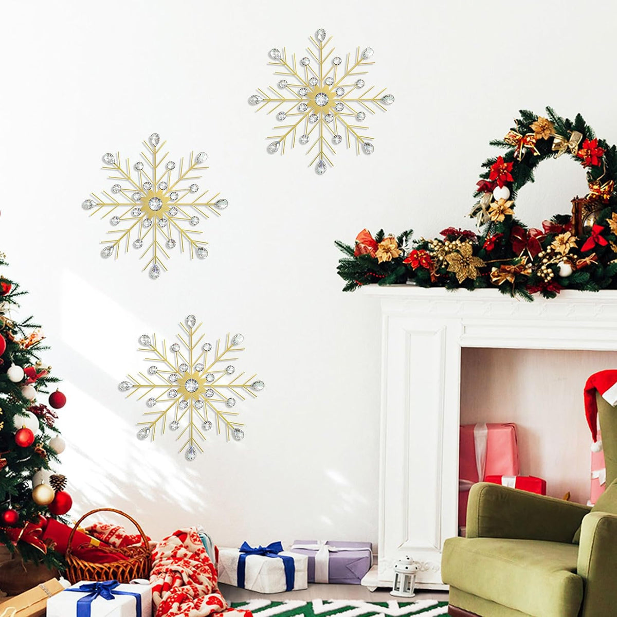 ZEXUIRU 3 Set Snowflake Wall Decor Living Room Bedroom Entryway Metal Bling, Crystal Rhinestone Starburst Sunburst Sparkling Wall Art Decor Silver Metal Christmas Decoration-Gold 13in