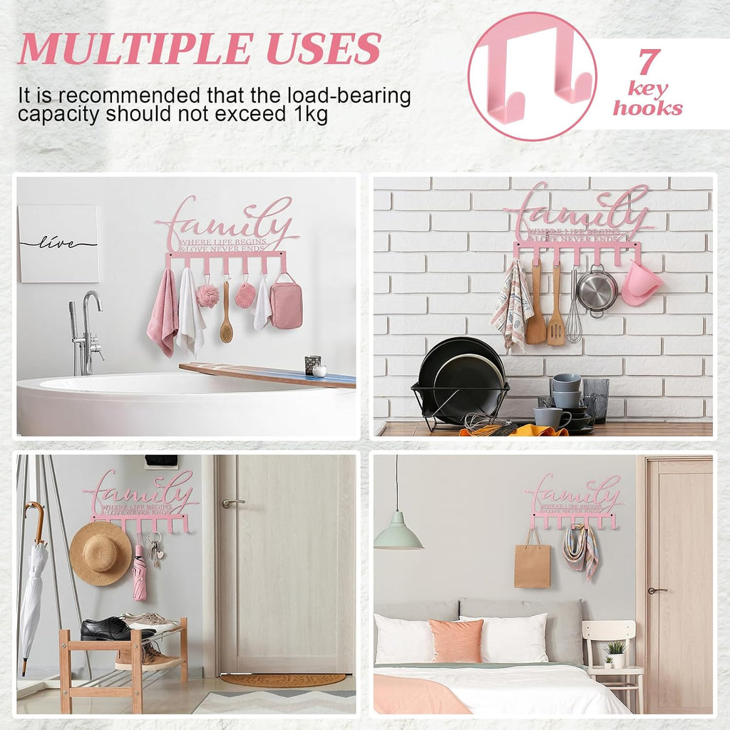 Hicarer Family Key Holder Metal Hooks Decorative Hanger Pink Rack Wall Mount Organizer with Screws and Anchors for Keys Hat Kitchen Entryway Front Door Home Decor