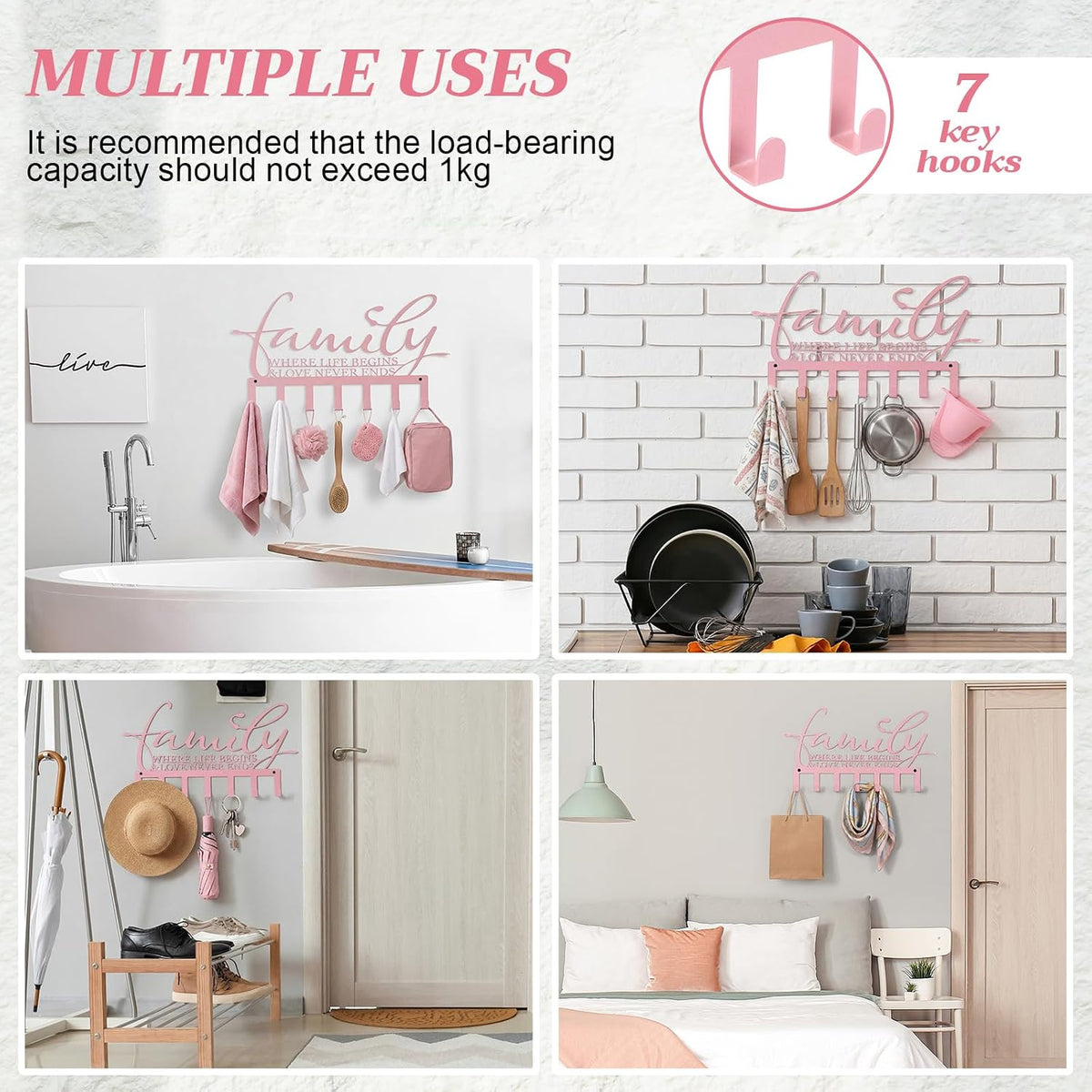 Hicarer Family Key Holder Metal Hooks Decorative Hanger Pink Rack Wall Mount Organizer with Screws and Anchors for Keys Hat Kitchen Entryway Front Door Home Decor