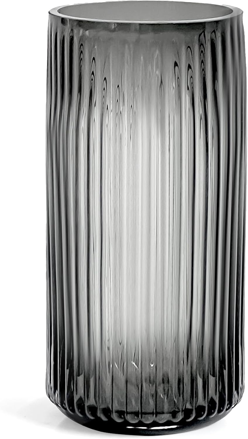 Muyan 7.5" Flower Vase for Decor Ribbed Glass Vase Modern for Centerpieces Desktop Home Office Dining Living Room Wedding (Gray)