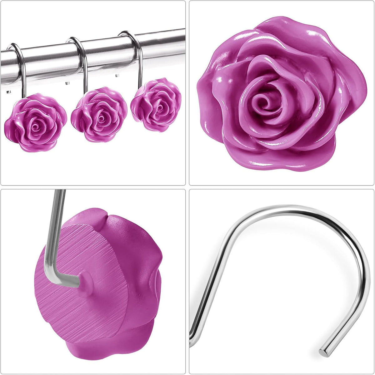 Cute Rose Floral Shower Curtain Hooks Rings for Bathroom,Burgundy 12PCS