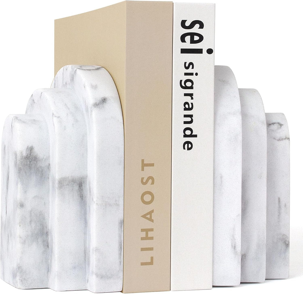 LIN CHUAN Heavy Duty Bookends for Shelves, Set of 2, Marble White Look