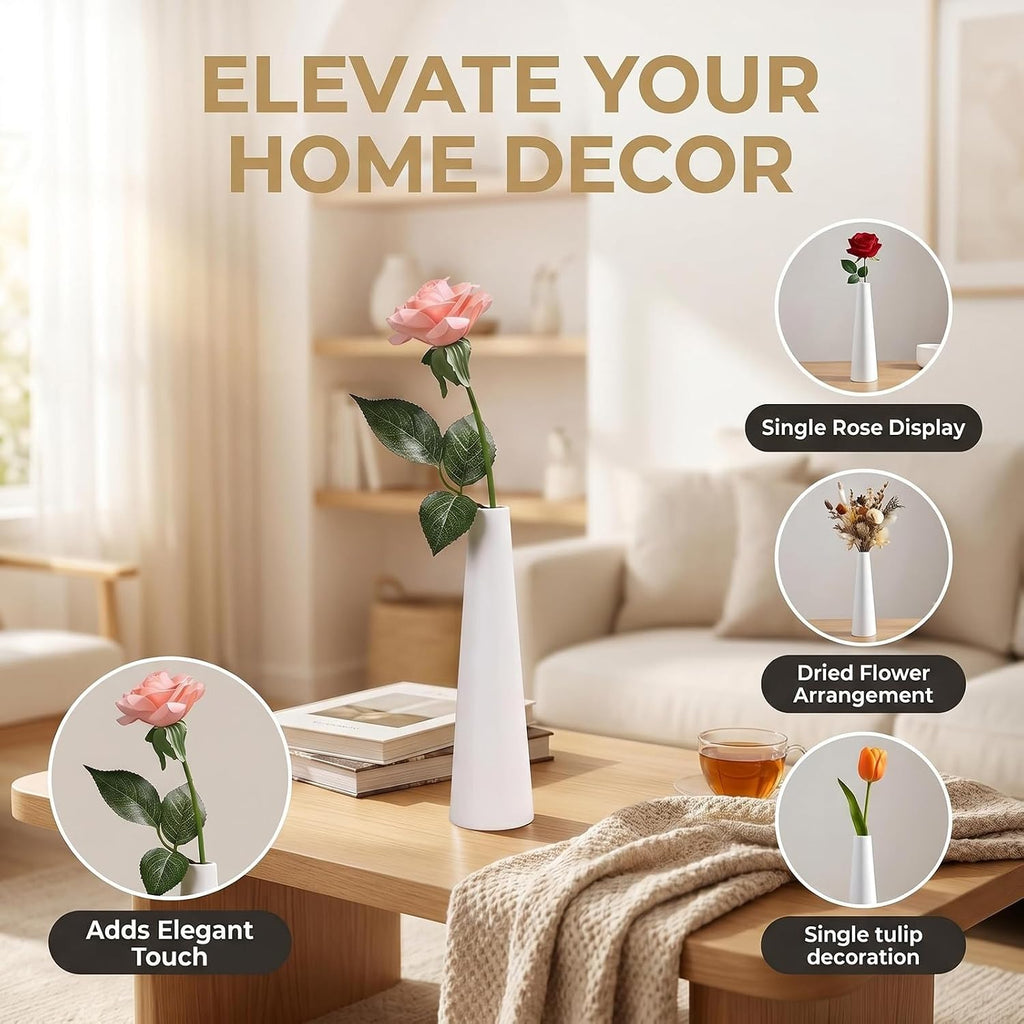 White Tall Conic Ceramic Flower Vase Decorative Floral Vase Taper Vase Table Top Small Narrow Neck Vases for Home Wedding Table Bedroom Living Room Office Desk