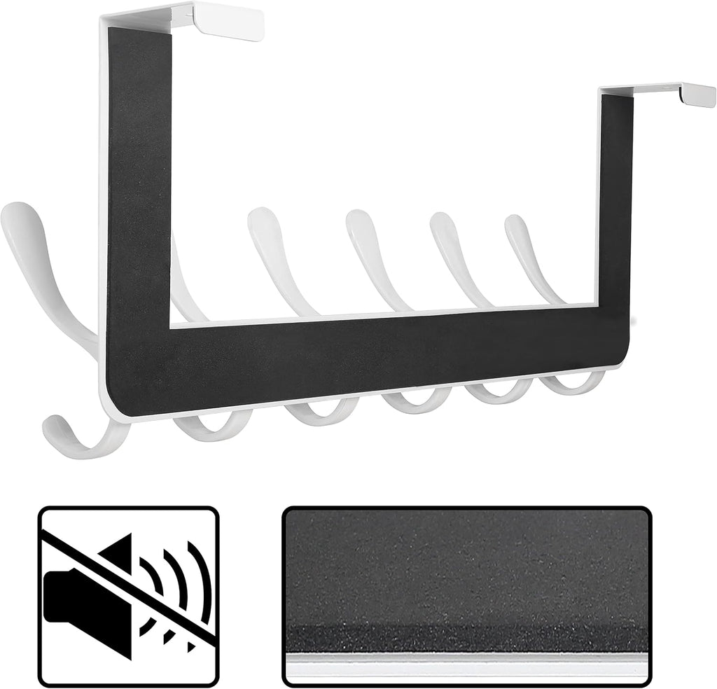 SKOLOO Over The Door Hooks - for Doors up to 4.5cm Thick, No Assembly Required, Stainless Steel Door Hanger with 6 Hooks, Over The Door Hanger for Coats Clothes Hat Towel Jacket, White