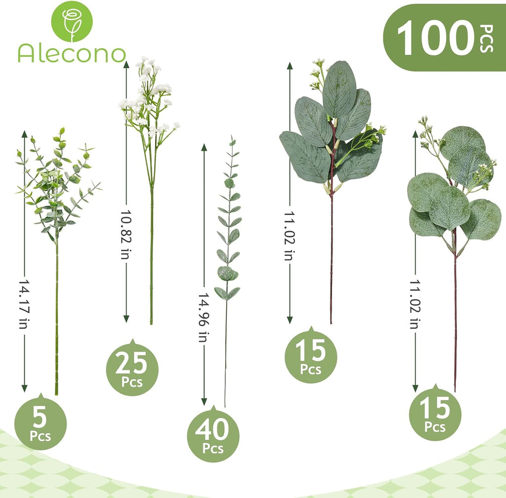 Alecono 5 Kinds Mixed Artificial Greenery Eucalyptus Stems Bulk