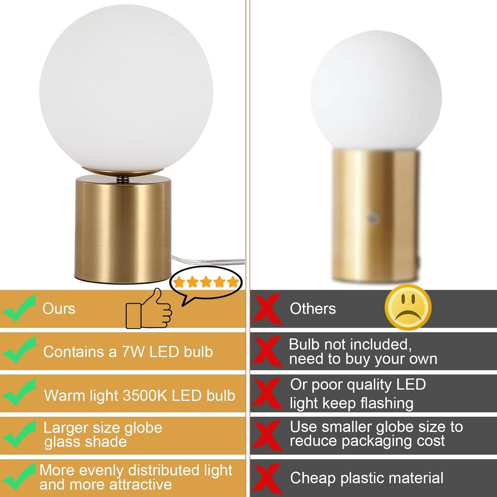 Modern Mid Century Gold Globe Table Lamp Set of 2, Round Bedside Nightstand Lamp with White Glass Shade Metal Base Desk Lamp for Bedroom Living Room End Table