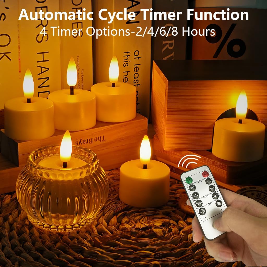 Flameless Rechargeable Tea Lights with Remote Timer - LED Electric Candles Realistic Flickering for Valentines Decoration&Home Decor, Wedding Table, 6-Pack (Φ 1-1/2''×H 2'')
