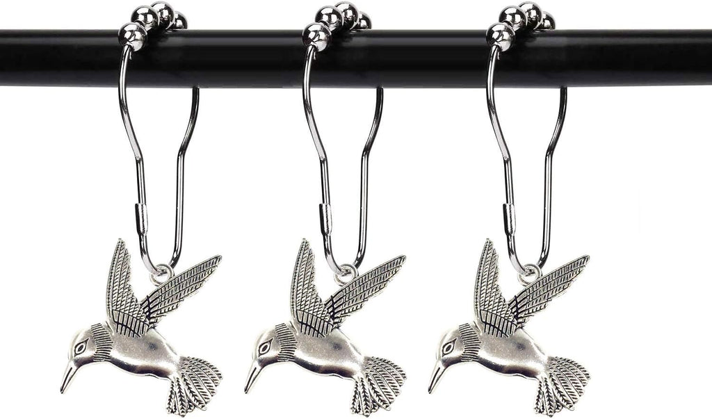 Hummingbird Shower Curtain Hooks Rings Bird Garden Nature Spring Theme Decoration Stainless Steel Rustproof Set of 12 (Silver)