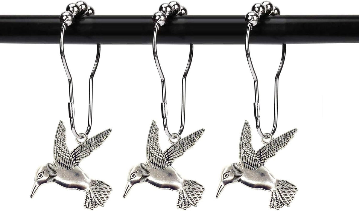 Hummingbird Shower Curtain Hooks Rings Bird Garden Nature Spring Theme Decoration Stainless Steel Rustproof Set of 12 (Silver)