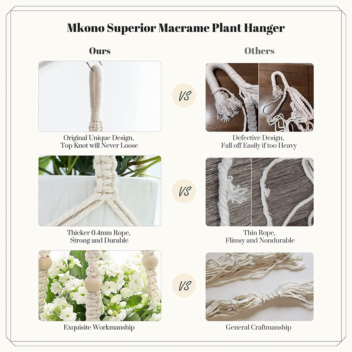 Mkono Macrame Plant Hangers Indoor Set of 4 Hanging Planter Basket Ivory