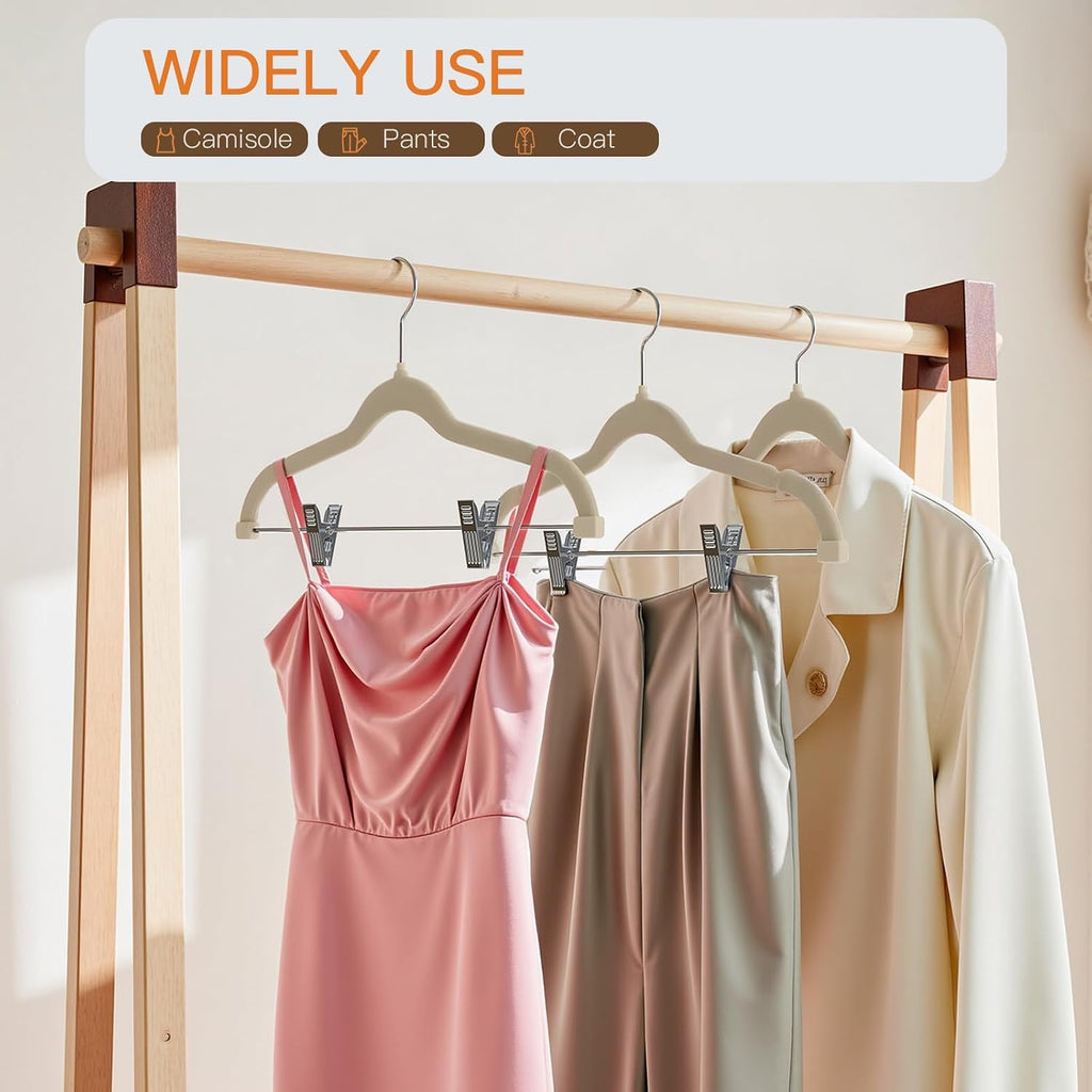 Flottian 36 Pack Beige Velvet Pants Hanger,Velvet Hangers with Clips Adjustable,Space-Saving Slim Flocked Hanger,Heavy Duty Non Slip Hangers for Skirts,Coats,Pants,Dress