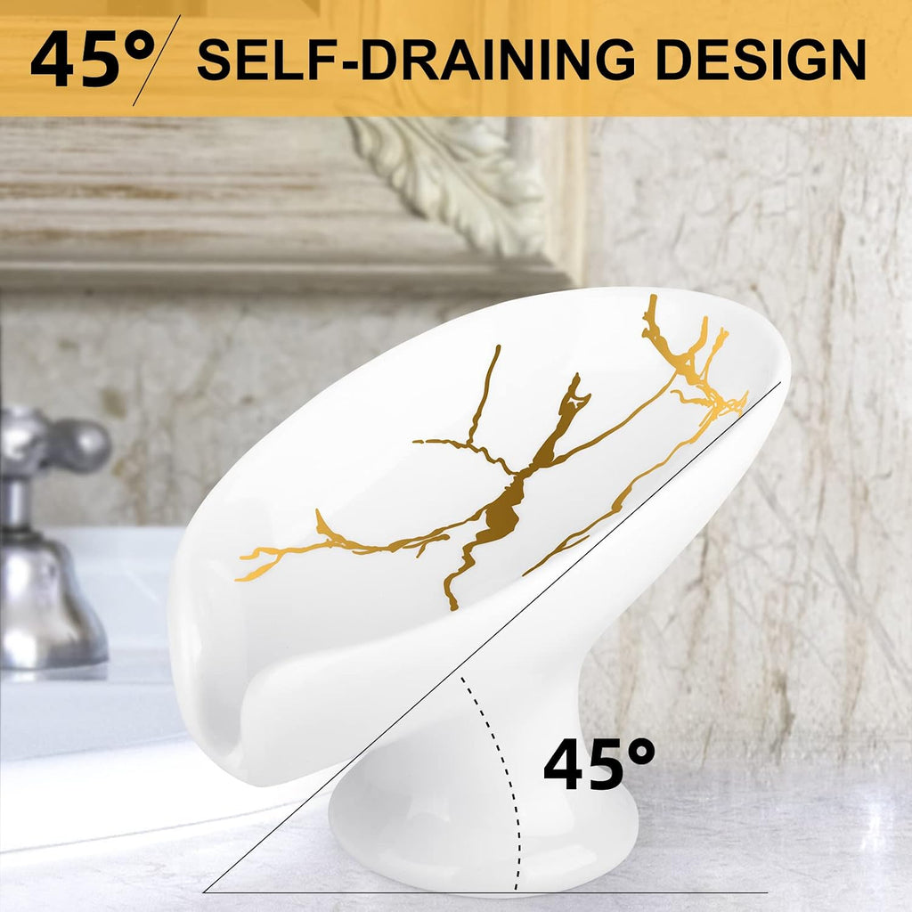 Soap Dish for Shower Ceramic Soap Holder Self Draining Leaf Shape Bar Soap Tray, Marble Pattern White Drain Soap Dish Holder for Bathroom,Easy Cleaning Keep Soap Dry