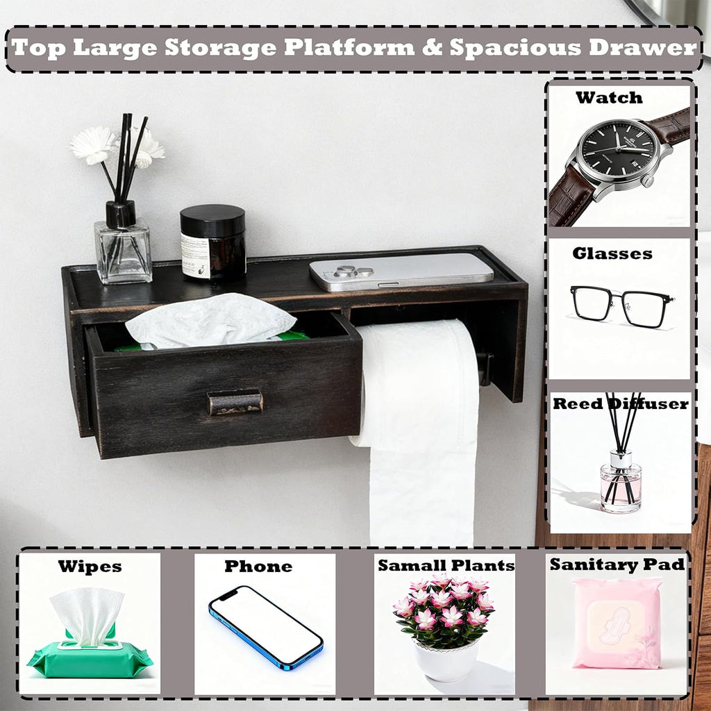 Large Bamboo Toilet Paper Holder with Shelf & Wet Wipes Storage Drawer