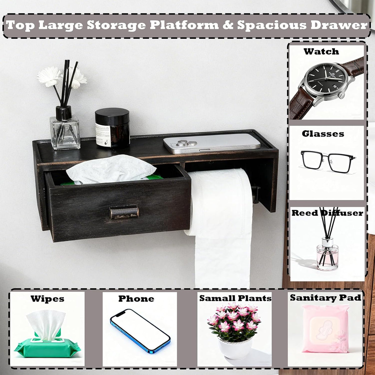 Large Bamboo Toilet Paper Holder with Shelf & Wet Wipes Storage Drawer