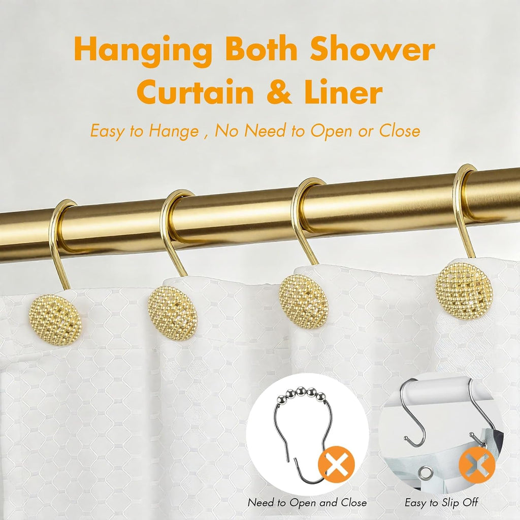 Pearlbee Gold Shower Curtain Hooks, 12Pcs Rustproof Heavy Duty Zinc Alloy