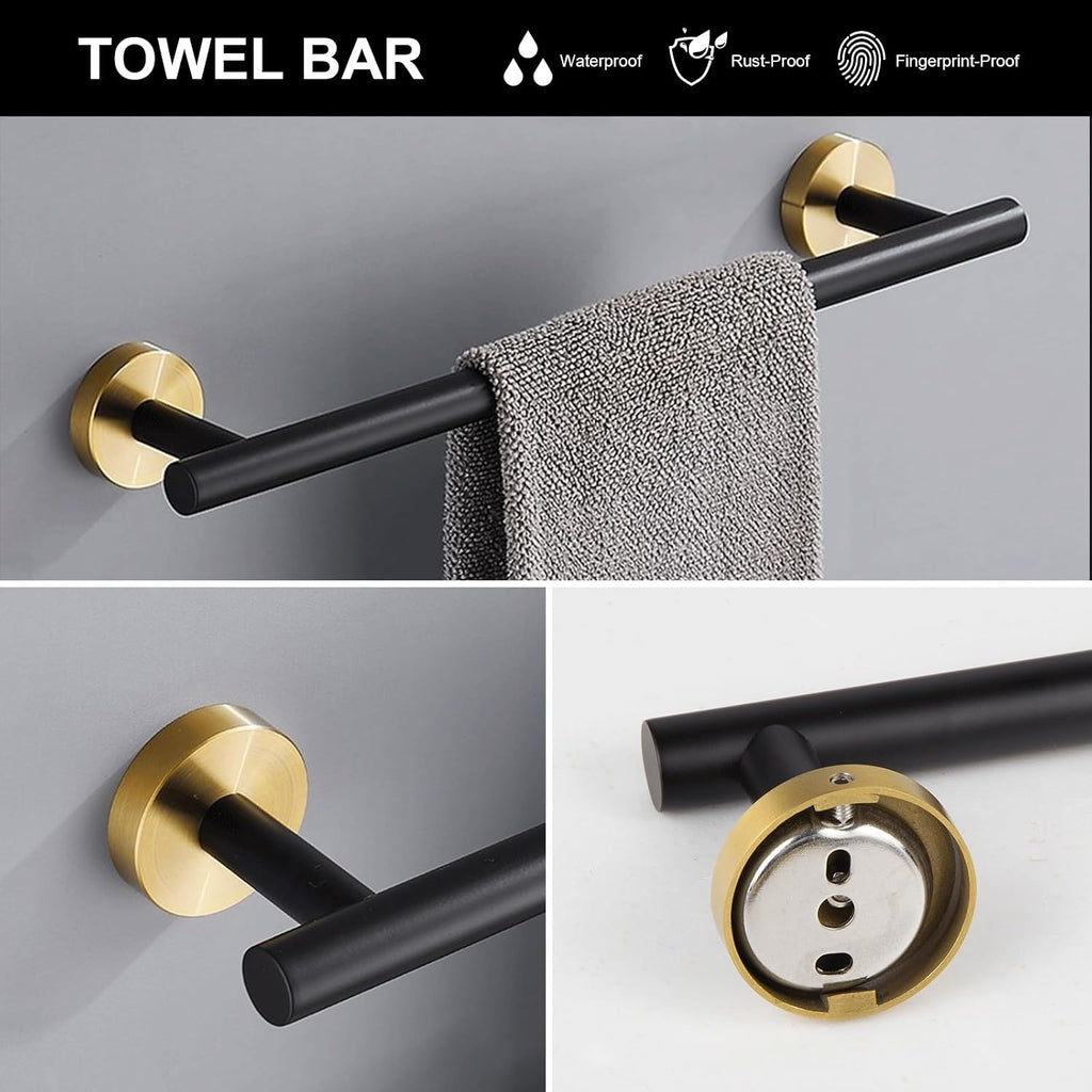 Lava Odoro 5-Piece Bathroom Hardware Set Black and Gold, 23.6 Inch Towel Bar Set Towel Rack Set Stainless Steel Wall Mounted Bathroom Holder Set Bathroom Accessories Set