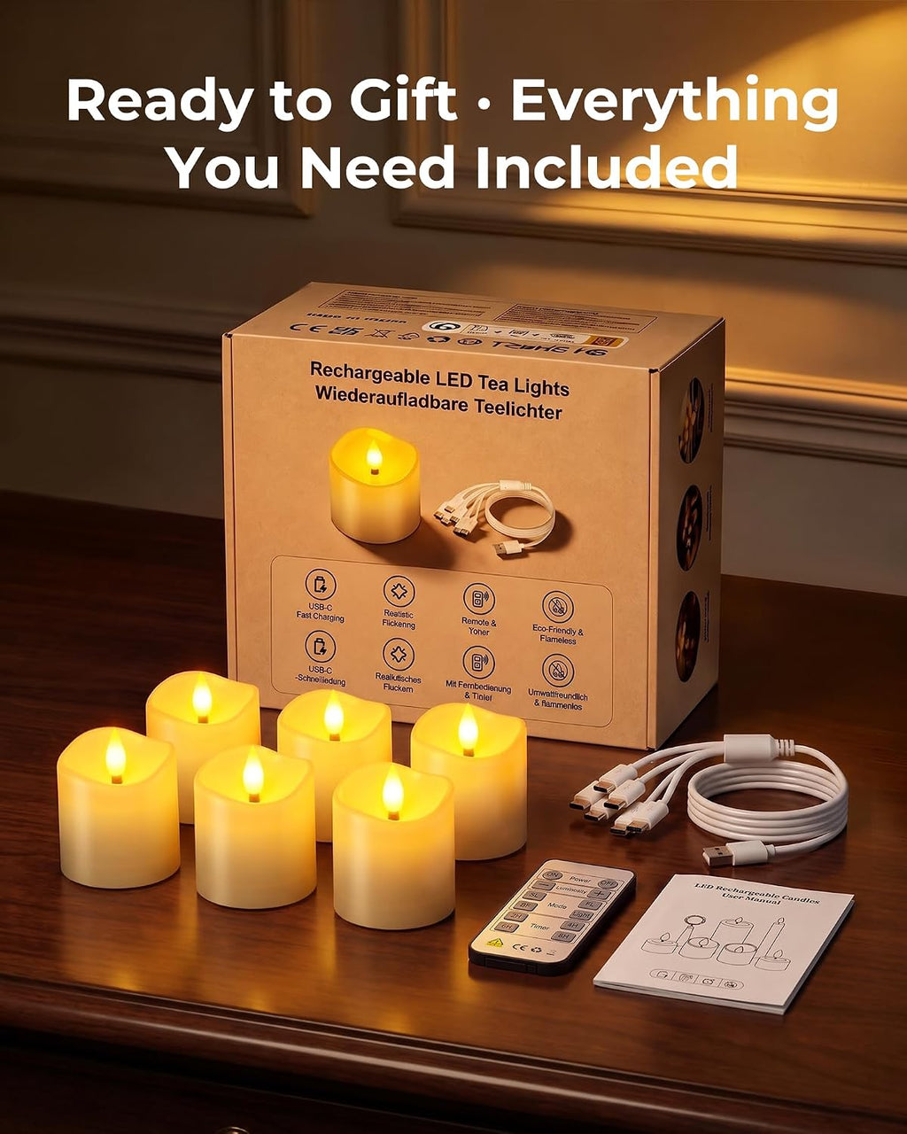 Yme Rechargeable Flameless Candles, Tea Lights with Remote & USB-C Charging