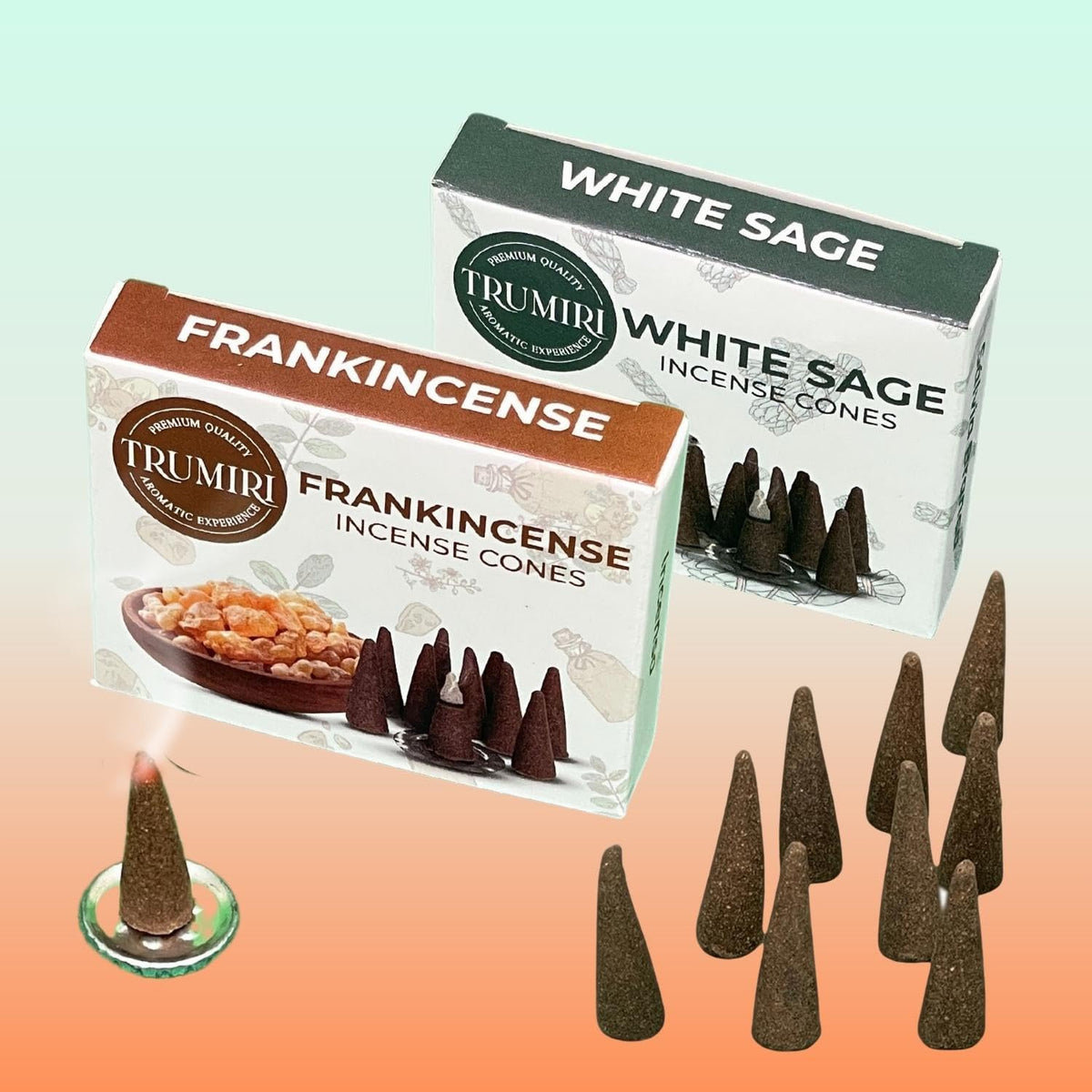 TRUMIRI Incense Cones - Combo Pack of 20 Cone Incense - 10 Frankincense + 10 White Sage