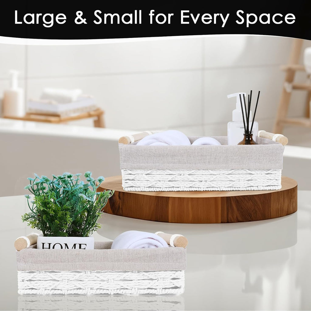 Wicker Storage Basket with Wooden Handle 2 Pack–Paper Rope Decorative Toilet Paper Baskets & Bathroom Organizer for Toilet Tank Top, Shelves, Bedroom, Countertop,Home,Office Storage Bins,White