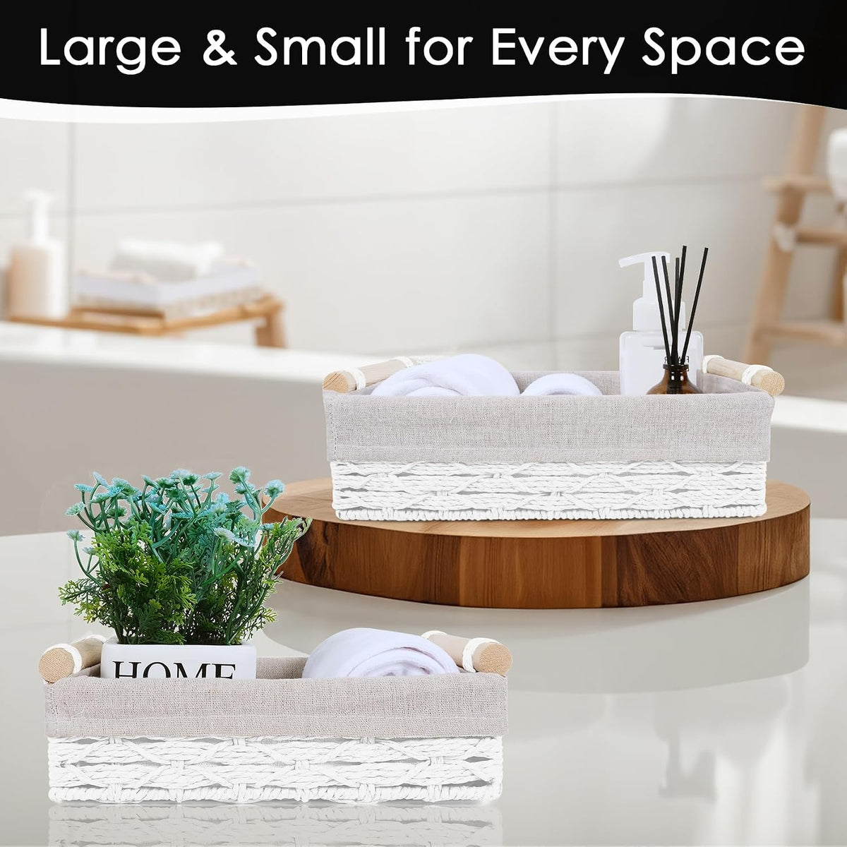 Wicker Storage Basket with Wooden Handle 2 Pack–Paper Rope Decorative Toilet Paper Baskets & Bathroom Organizer for Toilet Tank Top, Shelves, Bedroom, Countertop,Home,Office Storage Bins,White