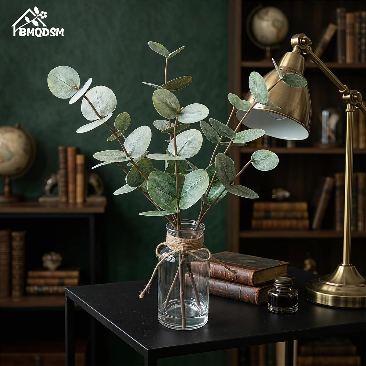 Artificial Eucalyptus Stems in Glass Vase with Faux Water,13.5" Fake Plants for Bathroom Shelf Decor, Farmhouse Centerpieces for Tables, Small Desk Plants for Home Office Decor (Green)