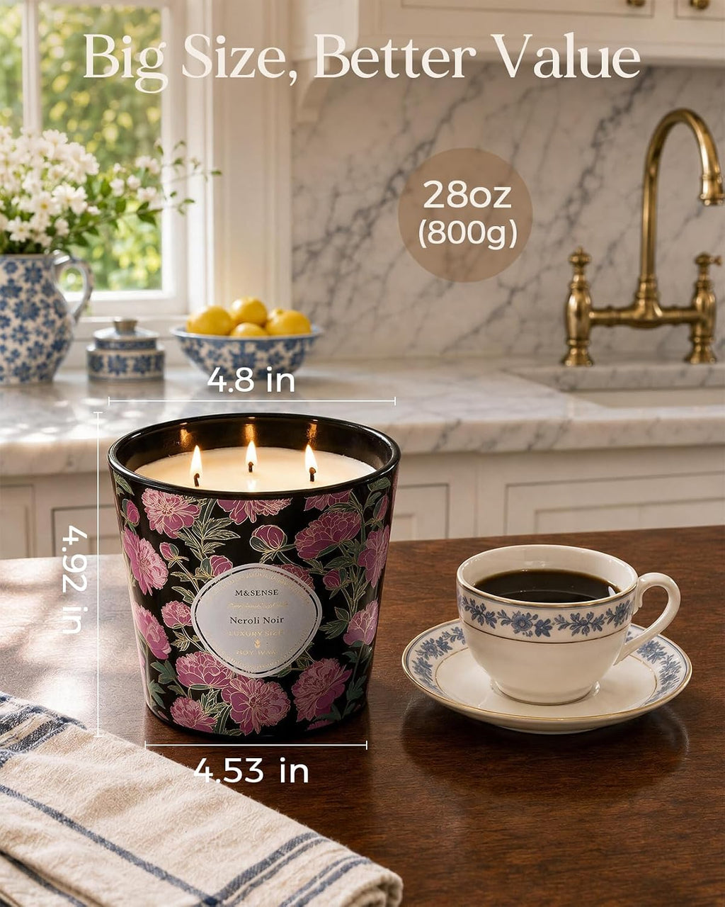 M&SENSE Neroli Noir Scented Candle, Large 28.2oz Natural Soy Wax