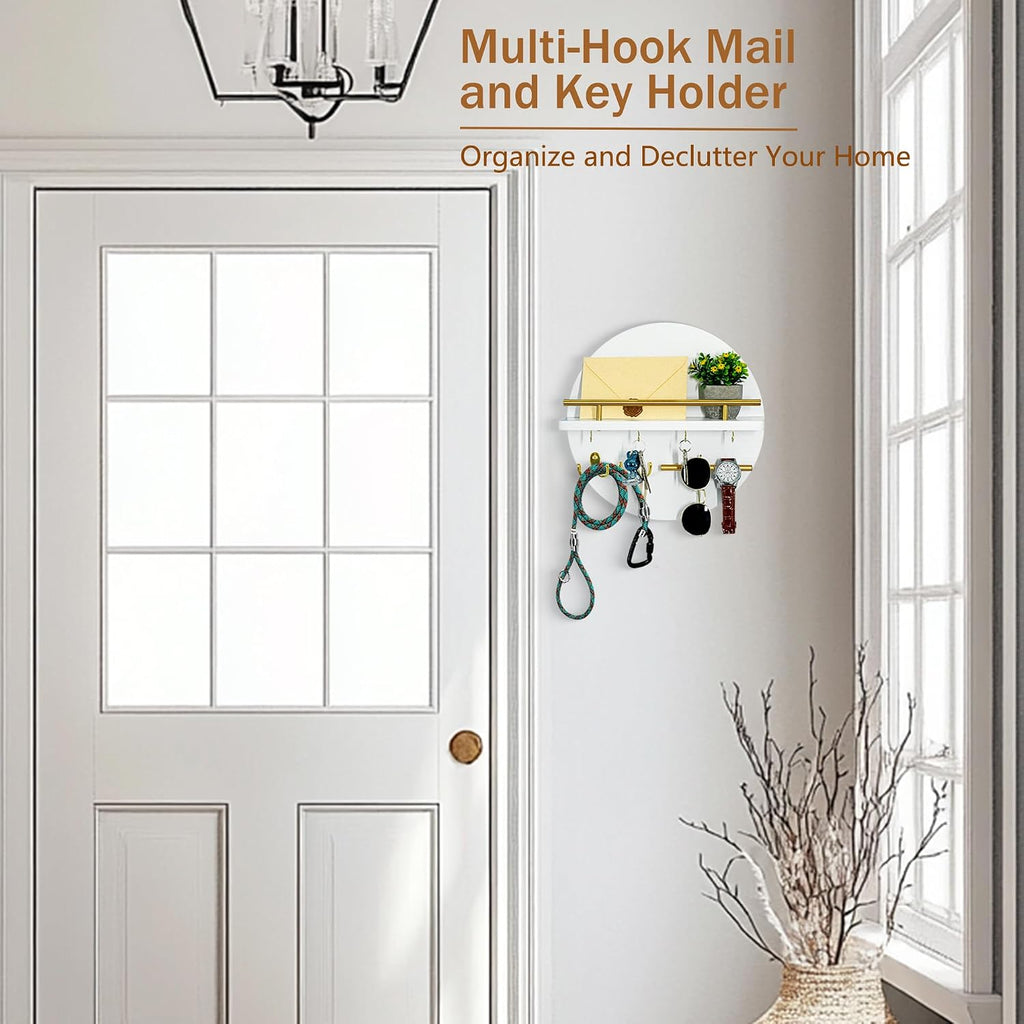 Key Holder Wall Mount with Shelf and Hooks, Mail Organizer for Wall, White