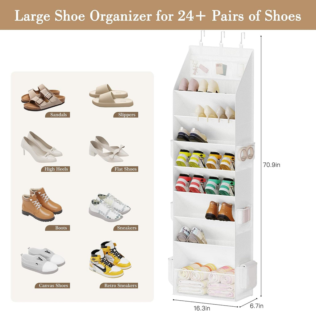 Criusia Shoe Storage, Over the Door Shoe Organizer, Hanging Closet Shoe Storage with Large Deep Pockets, Fits 16–24 Pairs of Sneakers, Sandals, Boots, White
