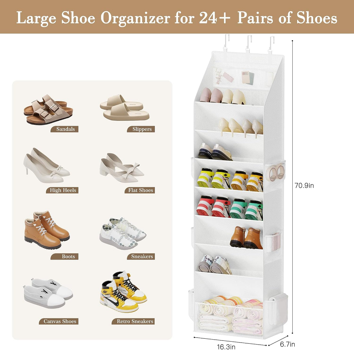 Criusia Shoe Storage, Over the Door Shoe Organizer, Hanging Closet Shoe Storage with Large Deep Pockets, Fits 16–24 Pairs of Sneakers, Sandals, Boots, White