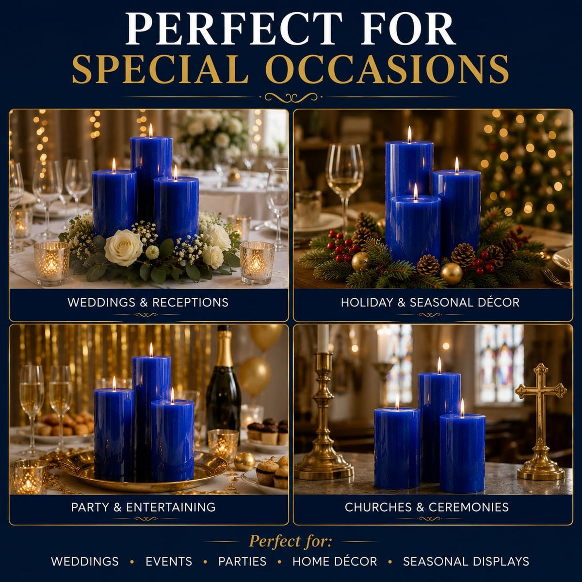 Dinil Blue Pillar Candles 3x6 Inch, Set of 3 Unscented Dripless Smokeless Candles, 65+ Hour Burn Time for Wedding Centerpiece, Dinner Table & Home Decor