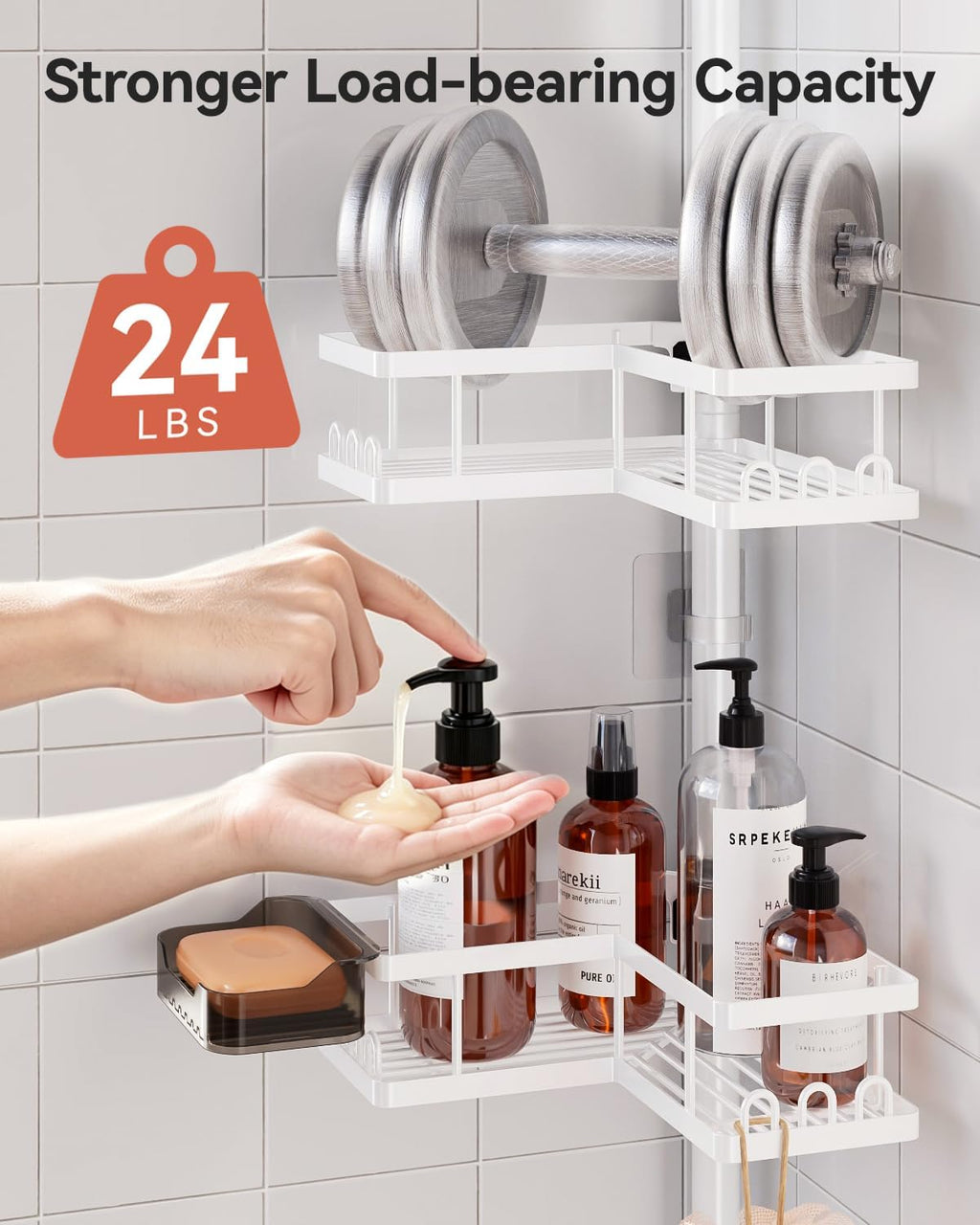 YASONIC Corner Shower Caddy Tension Pole, Adjustable Shower Shelves, Rust-Resistant Shower Organizer, No-Drill 3-Step Installation, Bathroom Shelves for Renters & Family, White