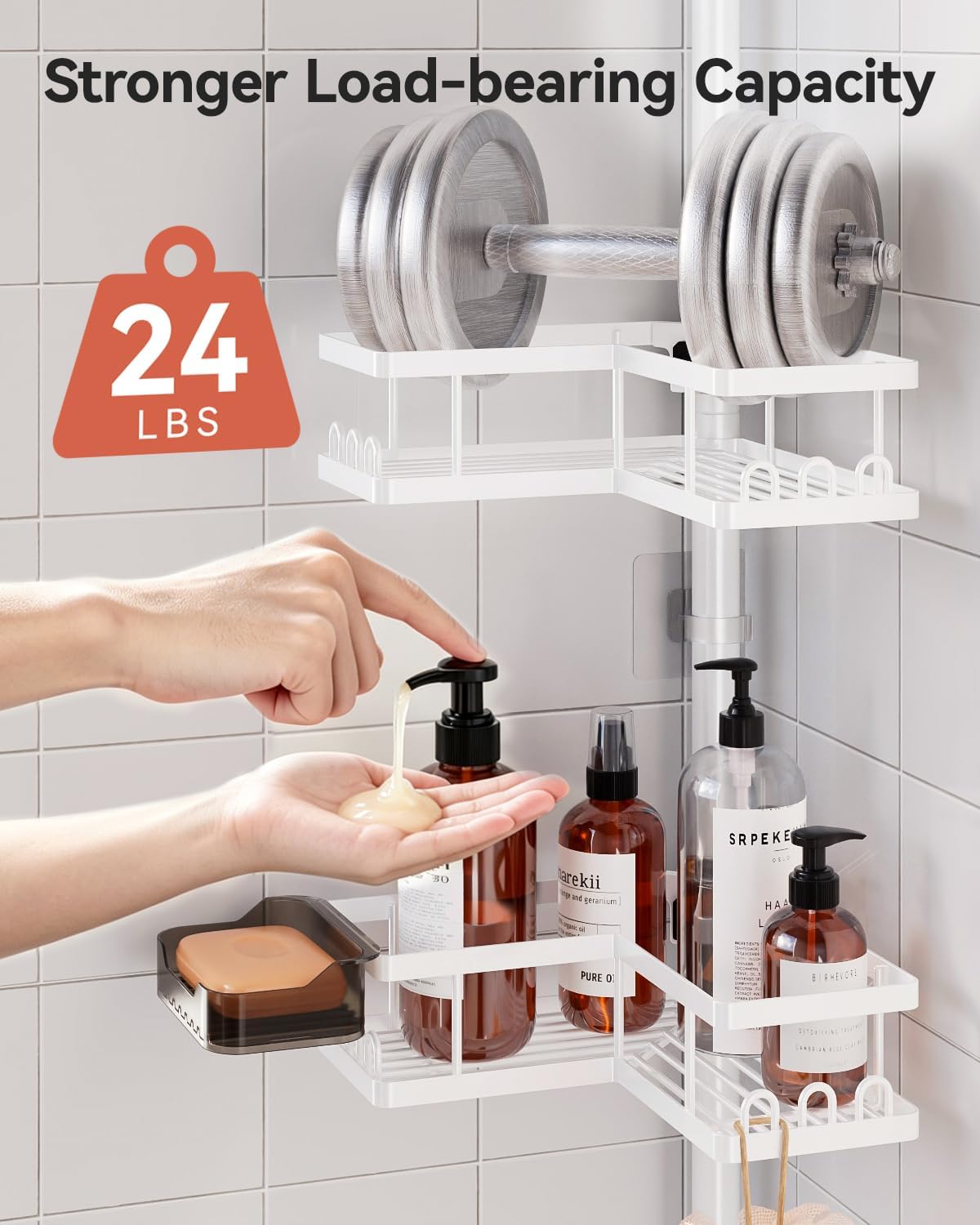 YASONIC Corner Shower Caddy Tension Pole, Adjustable Shower Shelves, Rust-Resistant Shower Organizer, No-Drill 3-Step Installation, Bathroom Shelves for Renters & Family, White