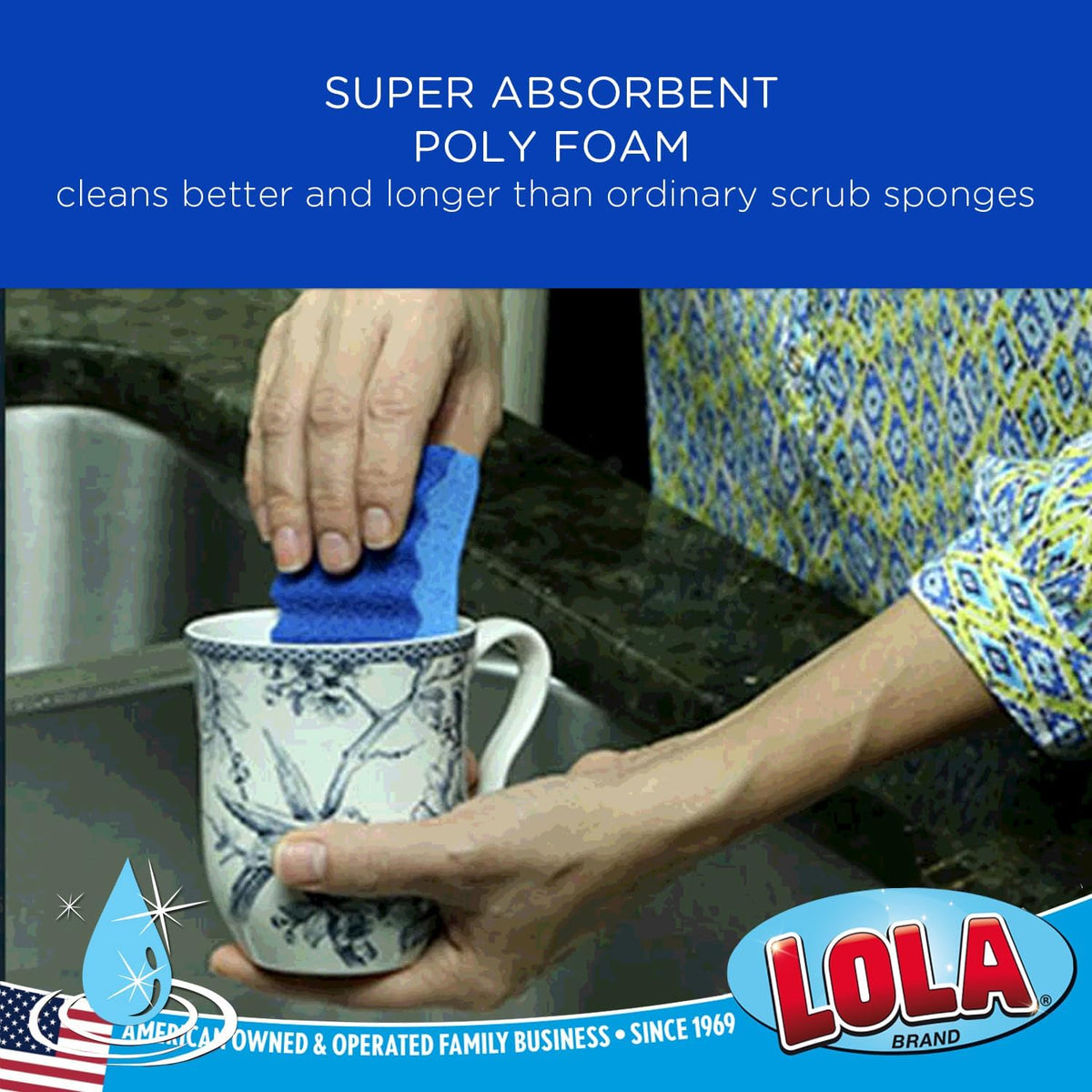 LOLA All Purpose Scrub Sponge, 12 Pack, Made in USA Scrub Sponge- Superior Technology, Non-Scratch, Long Lasting - Dishes, Mugs, Non-Stick Cookware