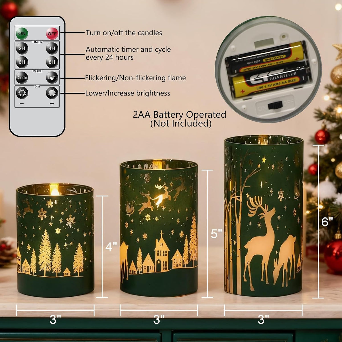 Green Christmas Flameless Candles Battery Operated Remote Timer